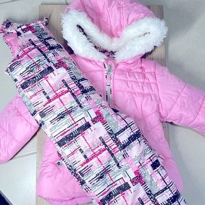 London Fog heavy weight girl snow suit coat+overall size 2T graphic pink